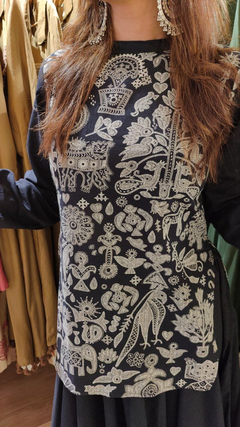 Panihari Black High Low Kurta with Ghera Skirt