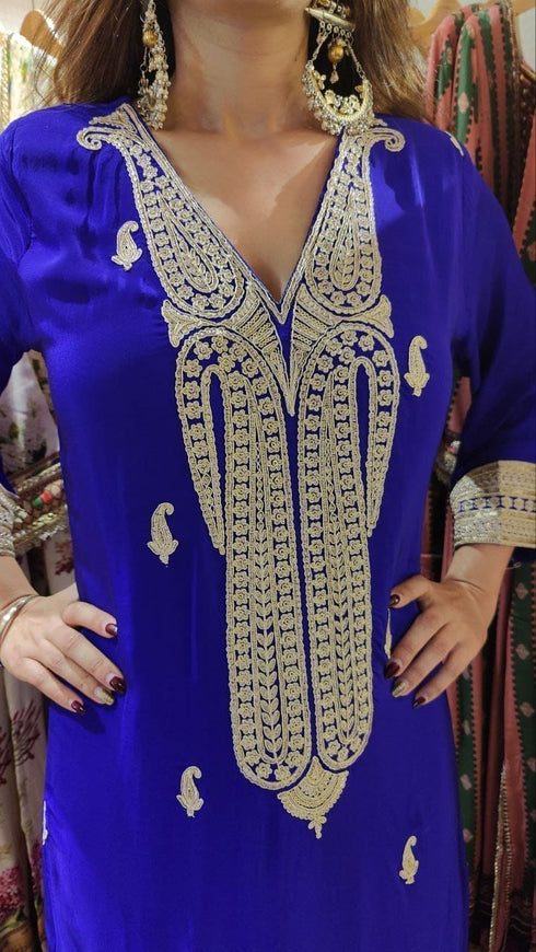 Embroidered Blue Long Yoke Kurta with Pant