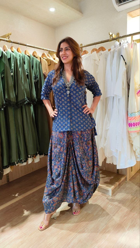 Jaipuri Blue Drape Skirt Set For Women