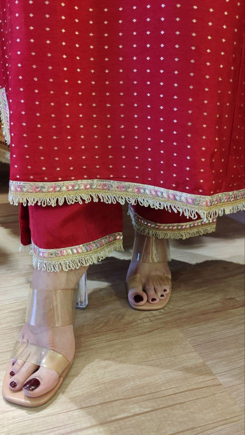 Sabya Red Long Kurta with Pant - Jacquard Silk