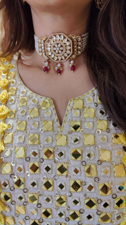 Leheriya Yellow Mirrorwork Kaftan Dress