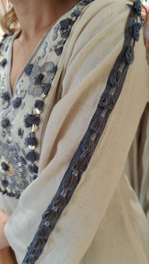 Embroidered Top With Kali Pants - Denim Look