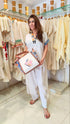 (DivyankaTripathi) Three Piece Off-White Drape Pant Set with Handbag