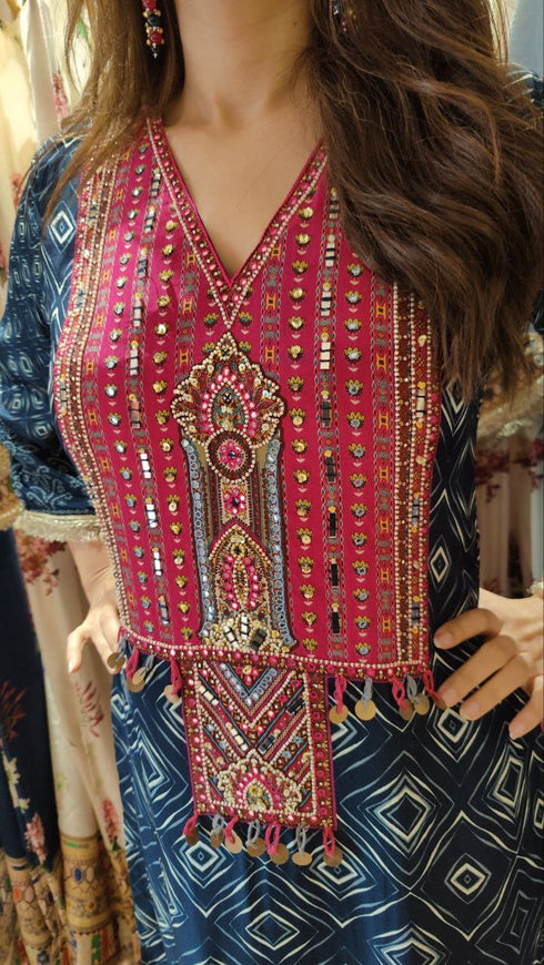 Bandhej Blue Pink Kaftan - Hand Embroidered
