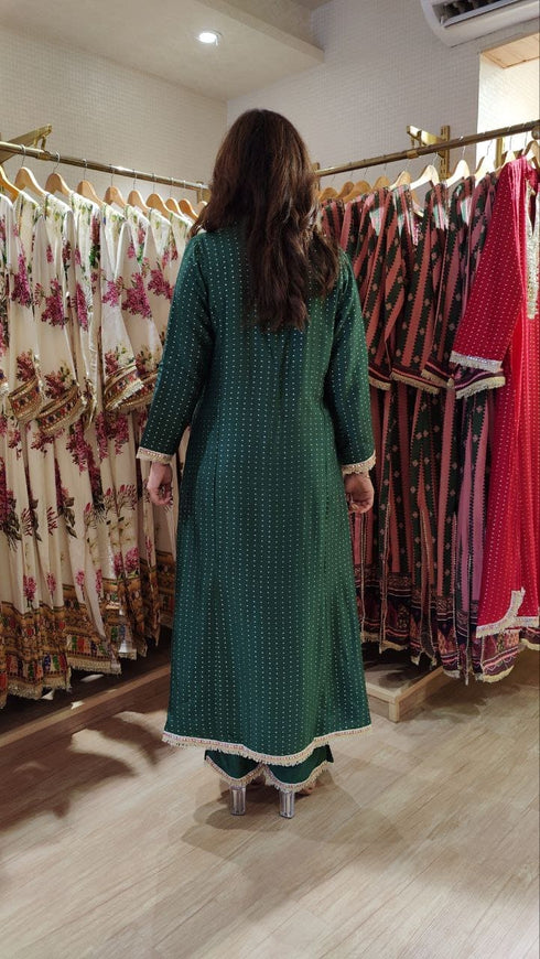 Emerald Green Long Kurta with Pant - Jacquard Silk