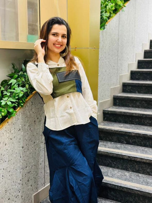 Blue Flared Pants With Patchwork Corset Top