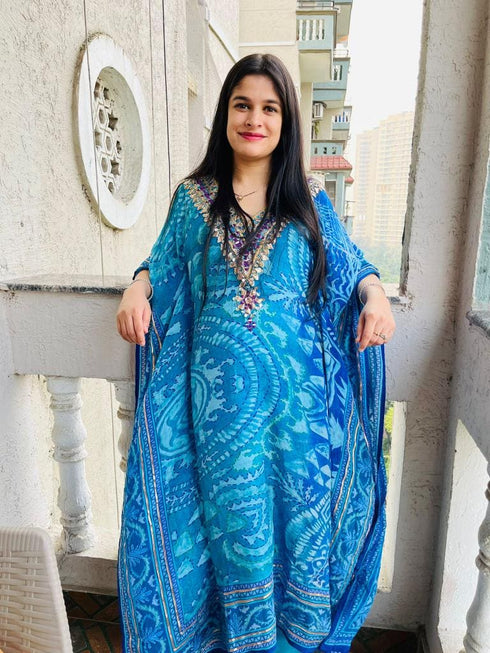 Embroidered Crepe Blue Kaftan Set