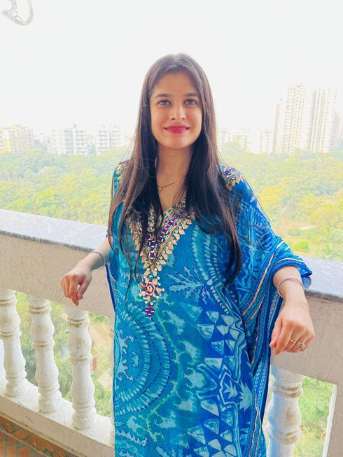 Embroidered Crepe Blue Kaftan Set