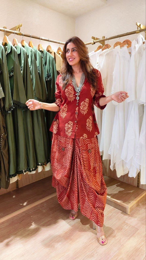 Jaipuri Maroon Drape Skirt Set For Women