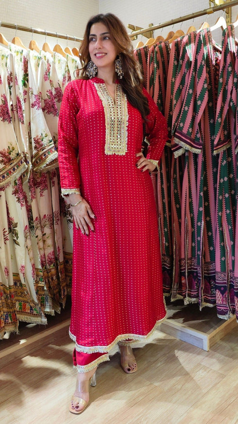 Sabya Red Long Kurta with Pant - Jacquard Silk