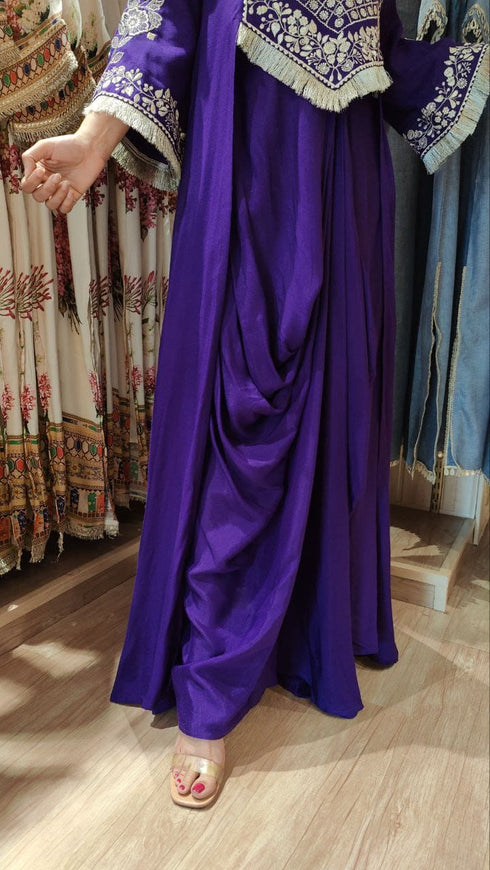 Purple Drape Skirt Set with Embroidered High-Low Top