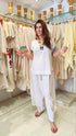(DivyankaTripathi) Three Piece Off-White Drape Pant Set with Handbag