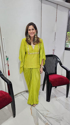 Hand Embroidered Lime Green Kaftan With Dhoti Skirt