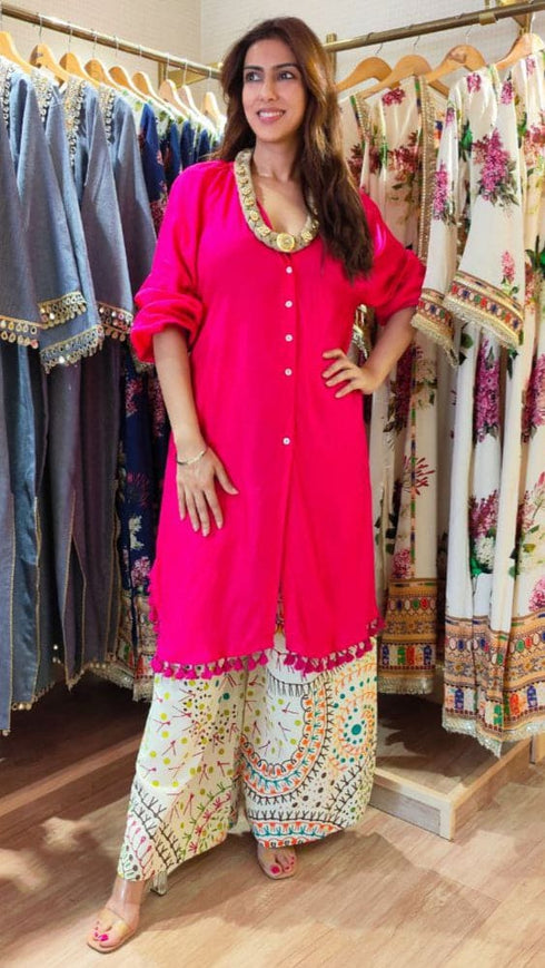 Long Pink Kurta With Printed Pant