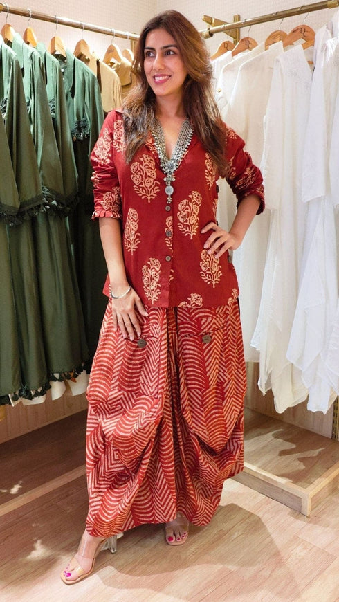 Jaipuri Maroon Drape Skirt Set For Women