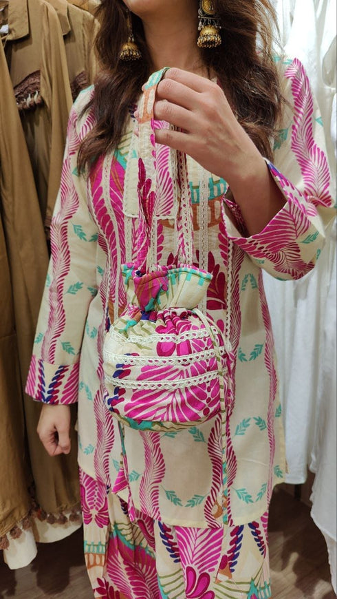 Pink Jaipuri Farshi Set with Potli