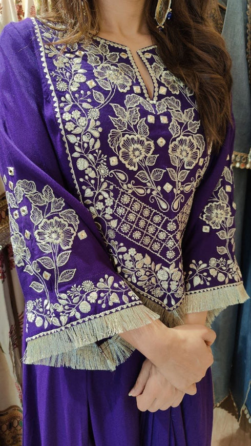 Purple Drape Skirt Set with Embroidered High-Low Top