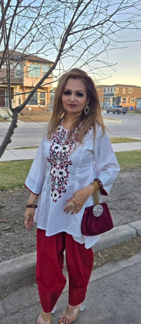 Embroidery White Maroon Farshi Salwar With Handbag