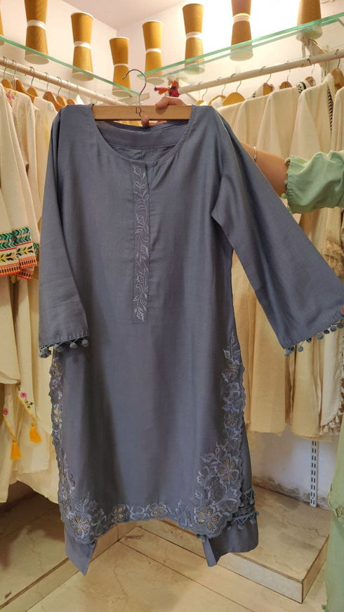 Cutwork Embroidery Grey Kurta Set