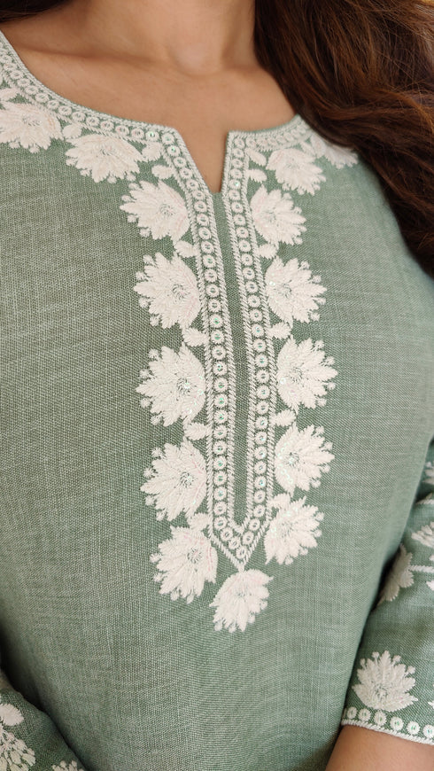 Sage Green Floral Embroidered Farshi Set - view 9