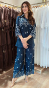 Schiffli Embroidered Blue Shirt Coord Set