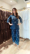 Schiffli Embroidered Blue Shirt Coord Set - view 2