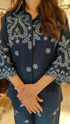 Schiffli Embroidered Blue Shirt Coord Set - view 3
