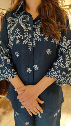 Schiffli Embroidered Blue Shirt Coord Set - view 3