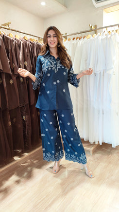 Schiffli Embroidered Blue Shirt Coord Set - view 5