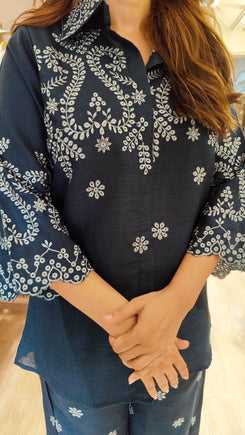 Schiffli Embroidered Blue Shirt Coord Set - view 6