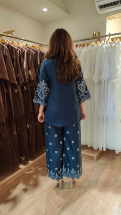 Schiffli Embroidered Blue Shirt Coord Set - view 7