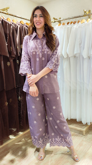Schiffli Embroidered Lilac Purple Shirt Coord Set