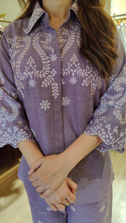 Schiffli Embroidered Lilac Purple Shirt Coord Set - view 3