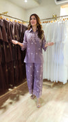 Schiffli Embroidered Lilac Purple Shirt Coord Set - view 4
