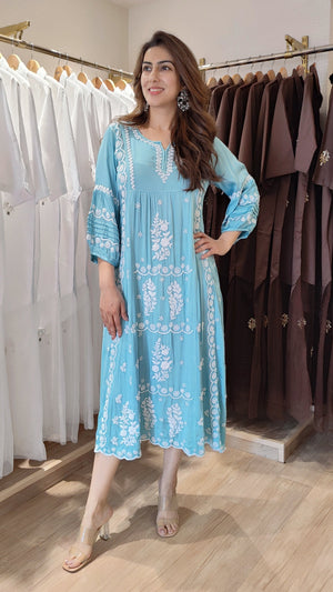 Serene Blue Hand Embroidered Lucknowi Dress