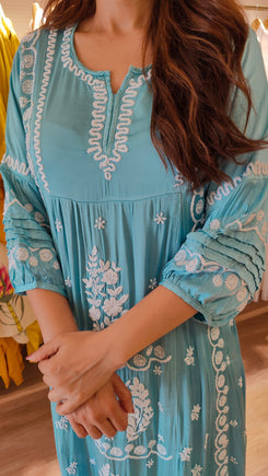 Serene Blue Hand Embroidered Lucknowi Dress - view 5