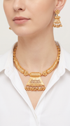 Temple Ghungroo Gold Necklace Set, front view, Label DC