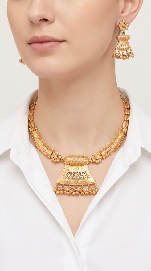 Temple Ghungroo Gold Necklace Set, front view, Label DC