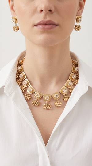 Pearl Tile Gold Necklace Set, front view, Label DC