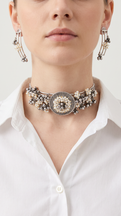 Wire Medallion Silver Choker Necklace Set, front view, Label DC