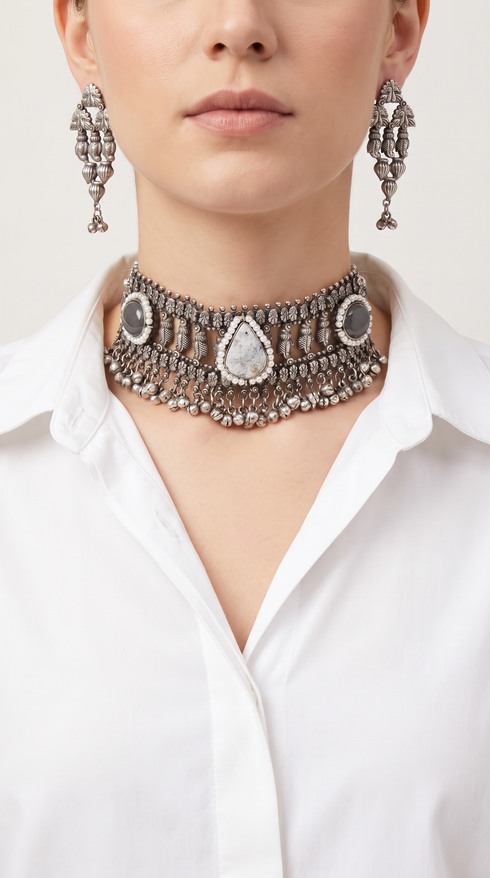 Moonstone Leaf Silver Choker Necklace Set, front view, Label DC