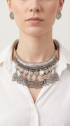 Coin Fringe Silver Hasli Necklace Set, front view, Label DC