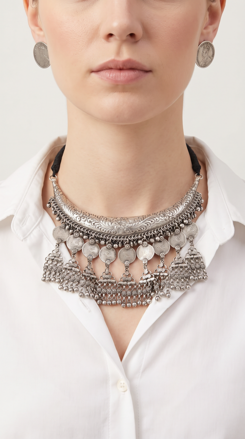 Coin Fringe Silver Hasli Necklace Set, front view, Label DC