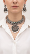 Ganesha Emerald Silver Necklace Set, front view, Label DC