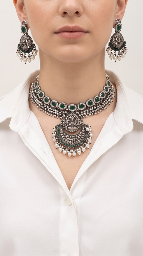 Ganesha Emerald Silver Necklace Set, front view, Label DC