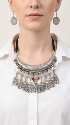 Coin Fringe Silver Hasli Necklace Set, alternate view, Label DC