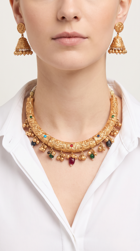 Navratna Antique Gold Hasli Necklace Set, front view, Label DC