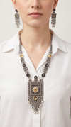 Eye Square Silver Long Necklace Set, front view, Label DC