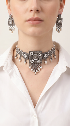 Crystal Square Silver Choker Necklace Set, alternate view, Label DC