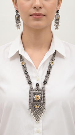 Eye Square Silver Long Necklace Set, alternate view, Label DC
